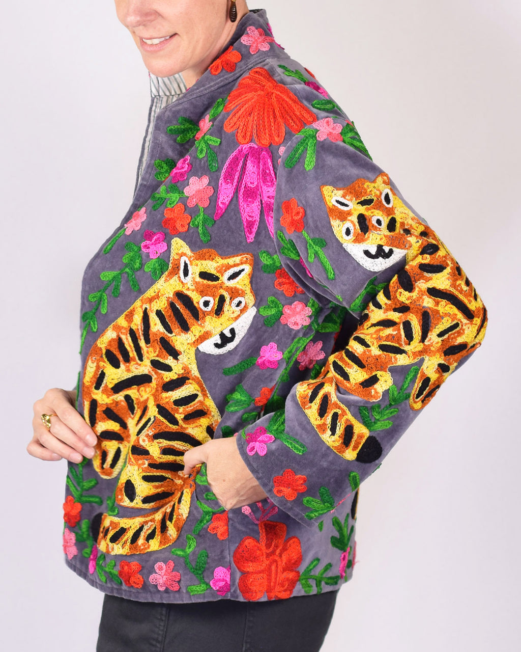 Tiger Tribe Embroidered Velvet Jacket - Soft Grey