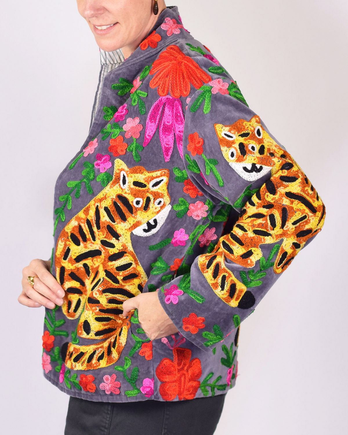 Tiger Tribe Embroidered Velvet Jacket - Soft Grey