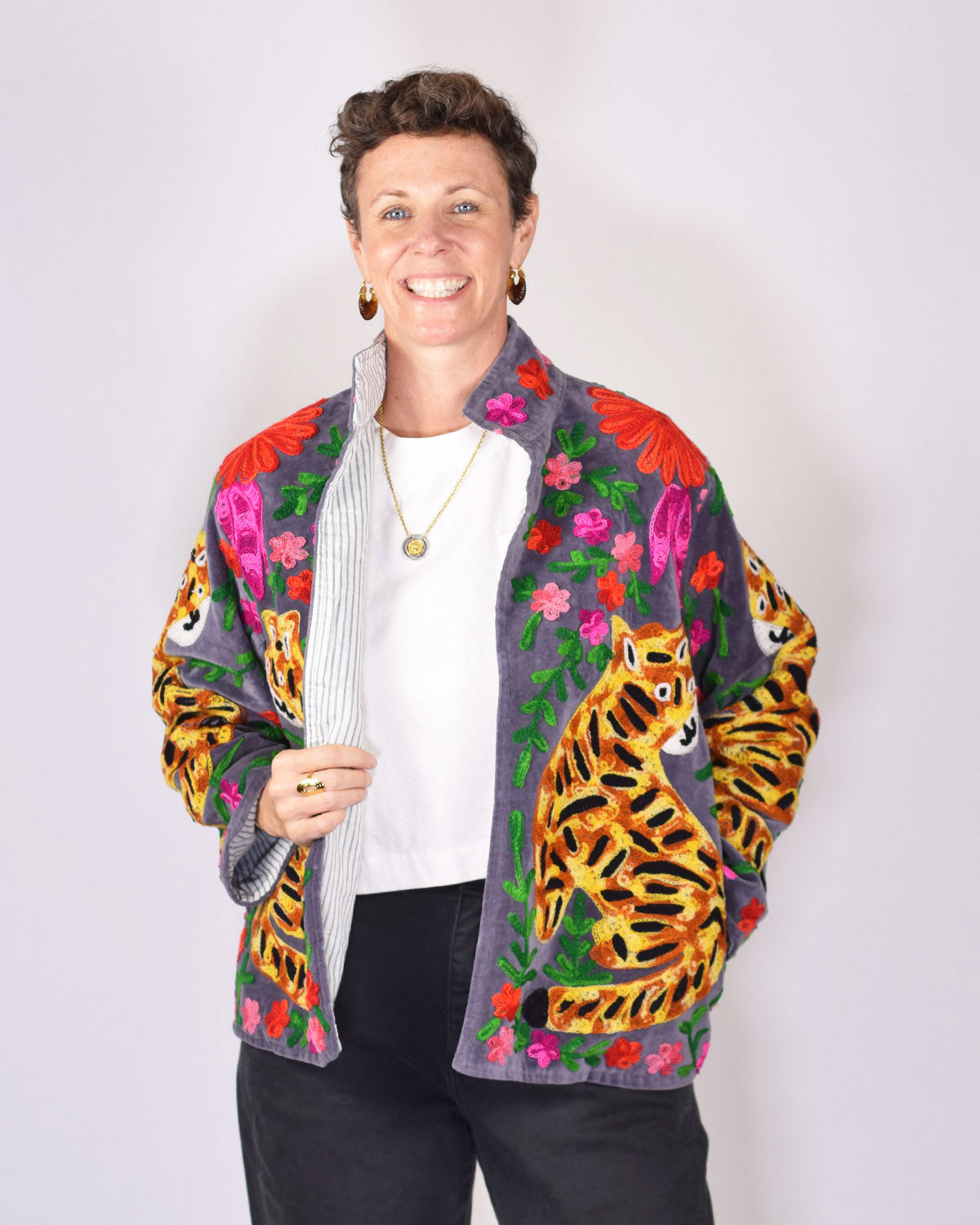 Tiger Tribe Embroidered Velvet Jacket - Soft Grey