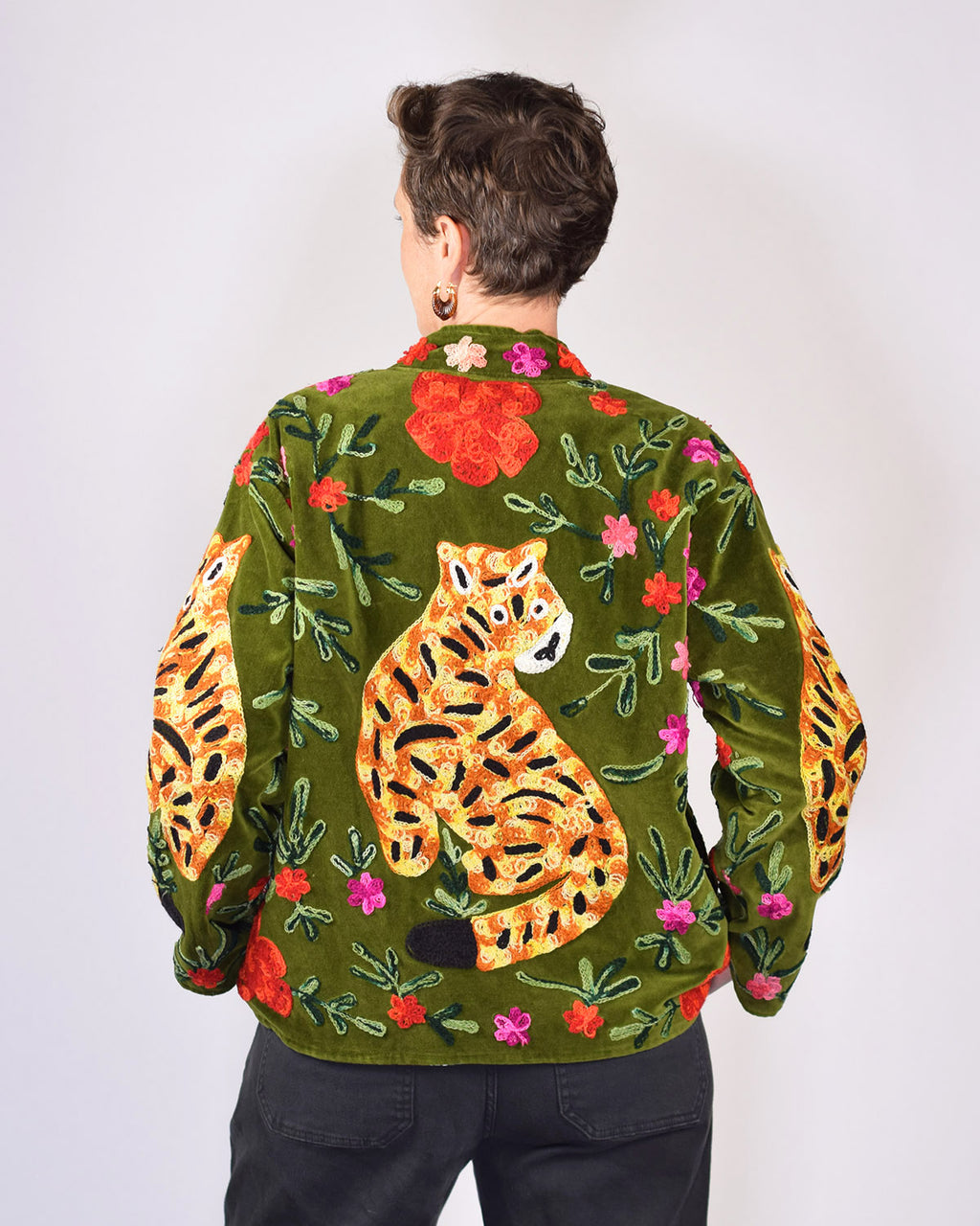 Tiger Tribe Embroidered Velvet Jacket - Olive Green