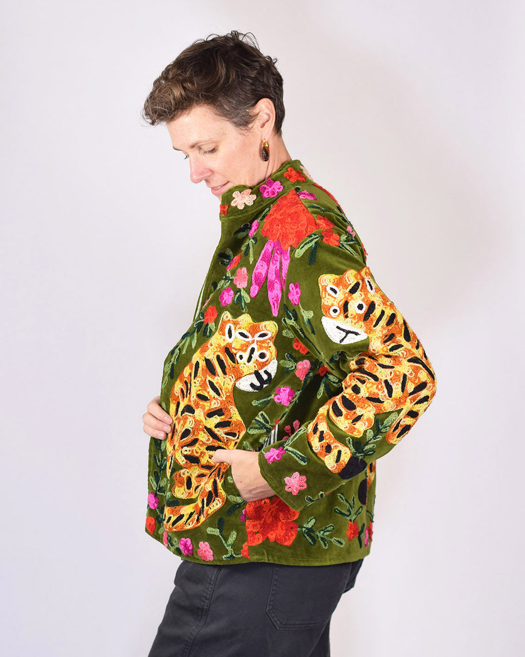 Tiger Tribe Embroidered Velvet Jacket - Olive Green