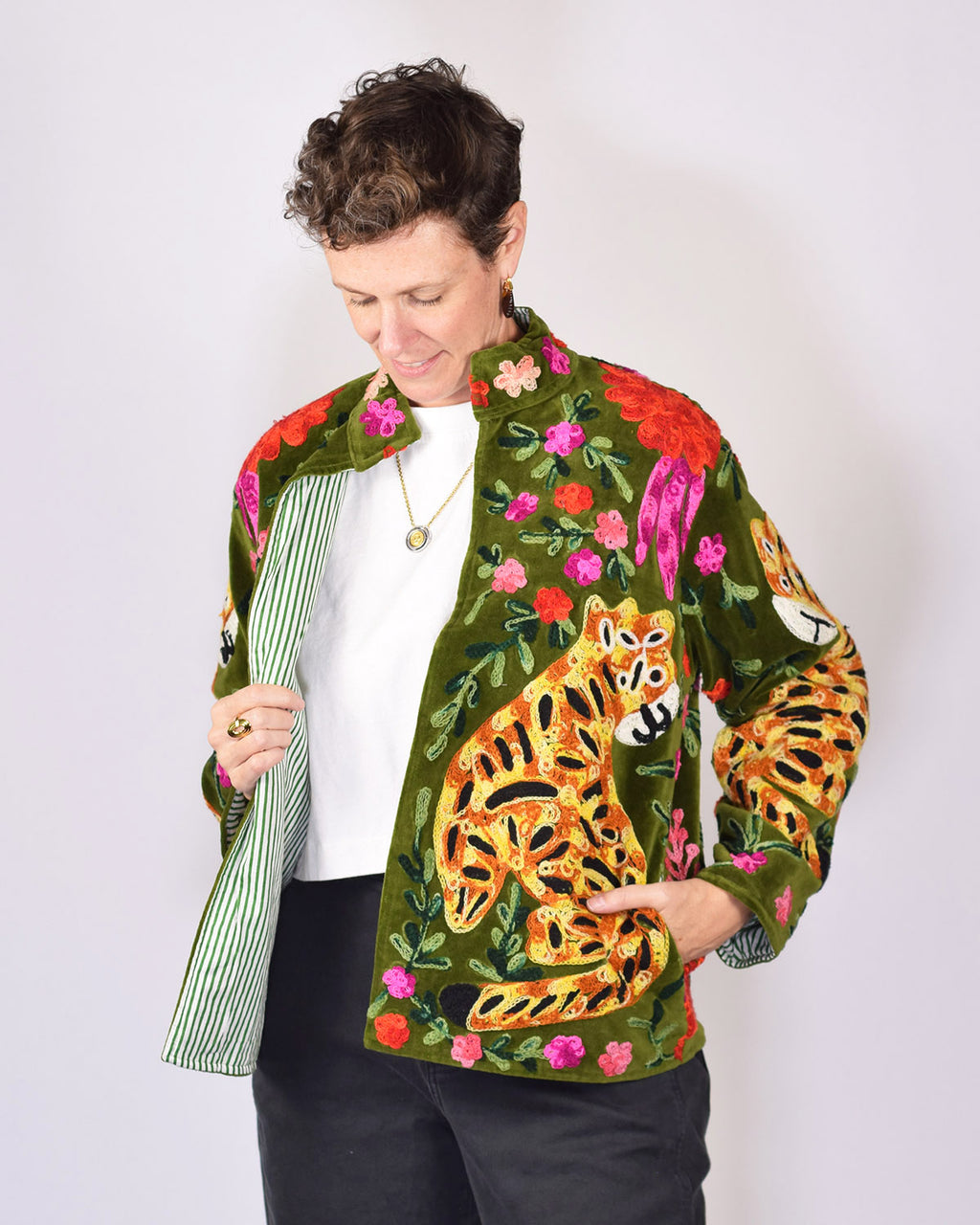 Tiger Tribe Embroidered Velvet Jacket - Olive Green