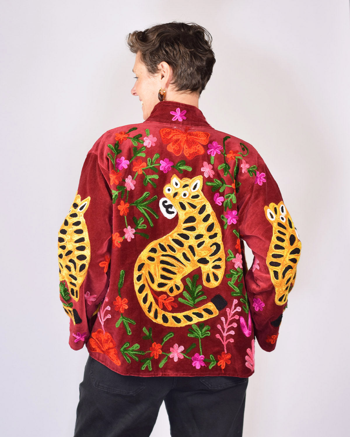 Tiger Tribe Embroidered Velvet Jacket - Brick Red