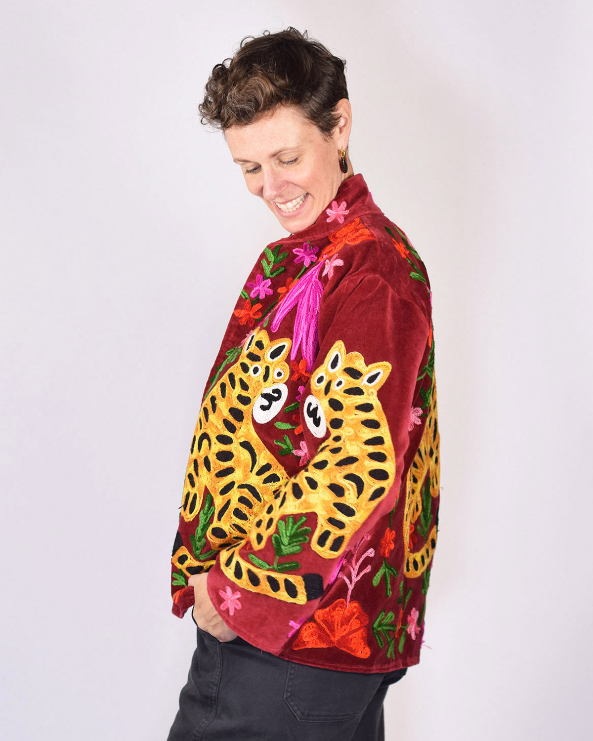 Tiger Tribe Embroidered Velvet Jacket - Brick Red