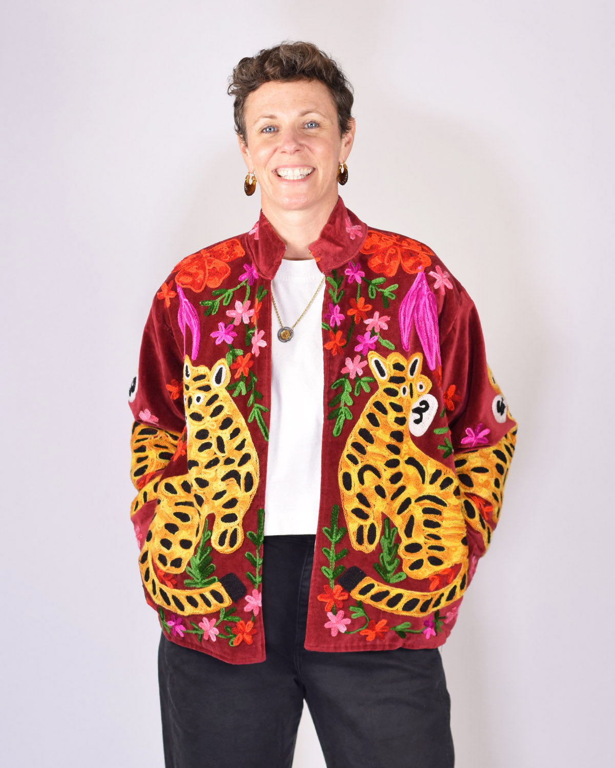 Tiger Tribe Embroidered Velvet Jacket - Brick Red