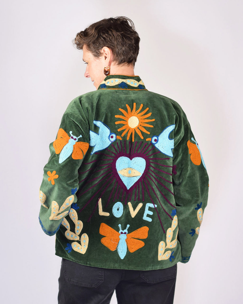 Embroidered Suzani Velvet Jacket - Lovey Dovey - Green
