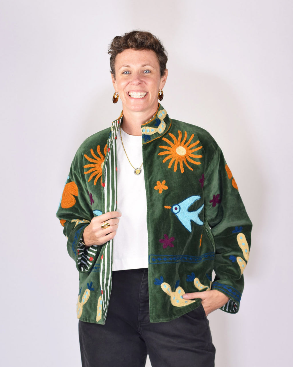 Embroidered Suzani Velvet Jacket - Lovey Dovey - Green