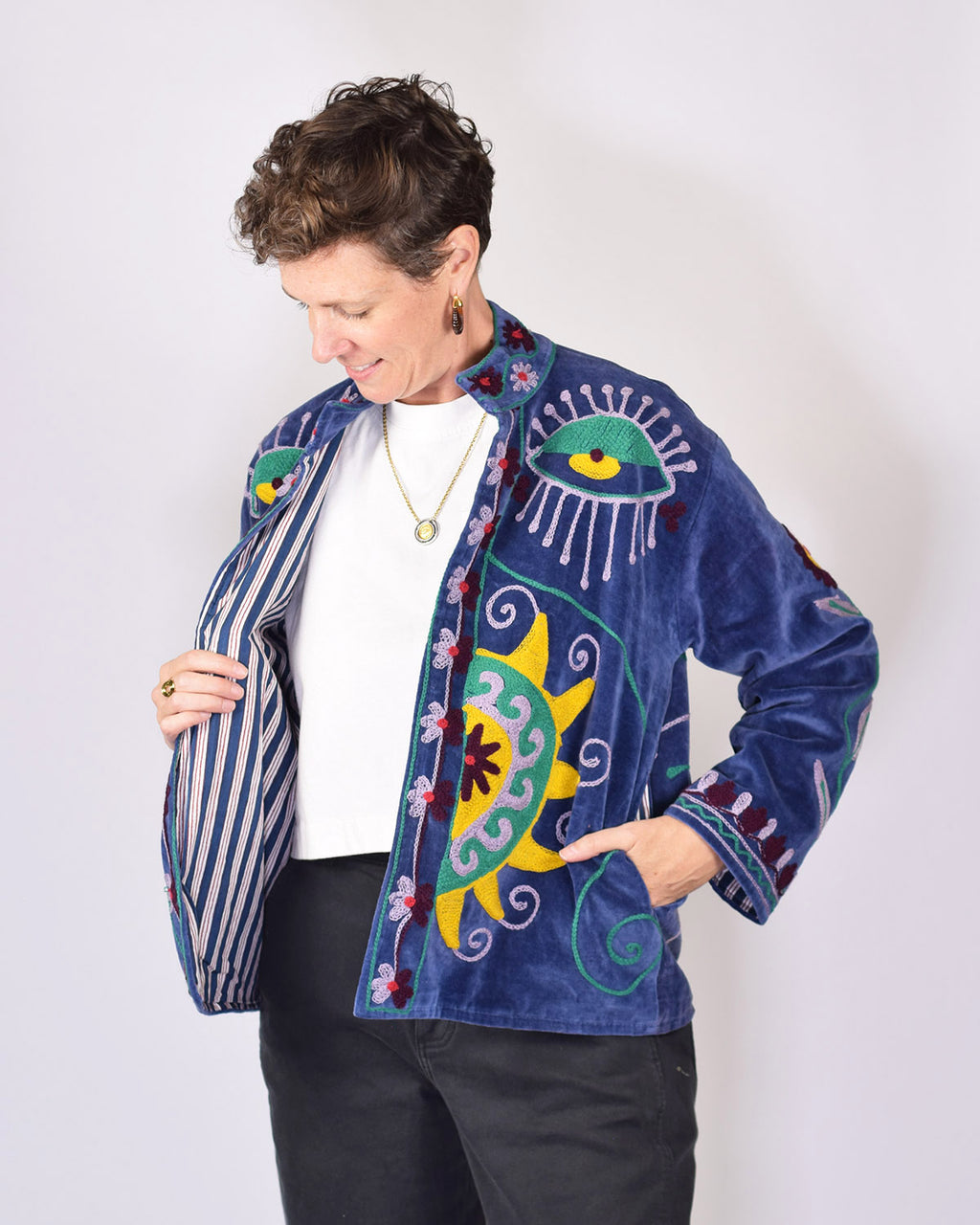 Embroidered Suzani Velvet Jacket - Sun Seeker - Blue