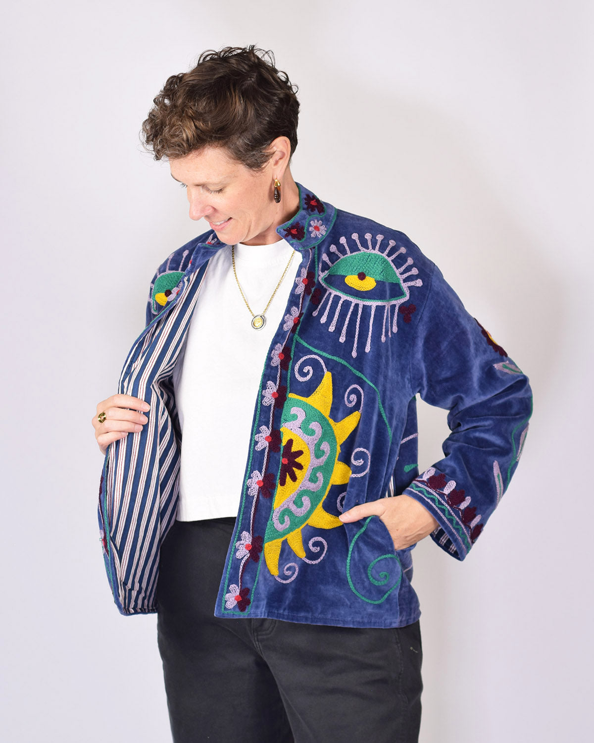 Embroidered Suzani Velvet Jacket - Sun Seeker - Blue