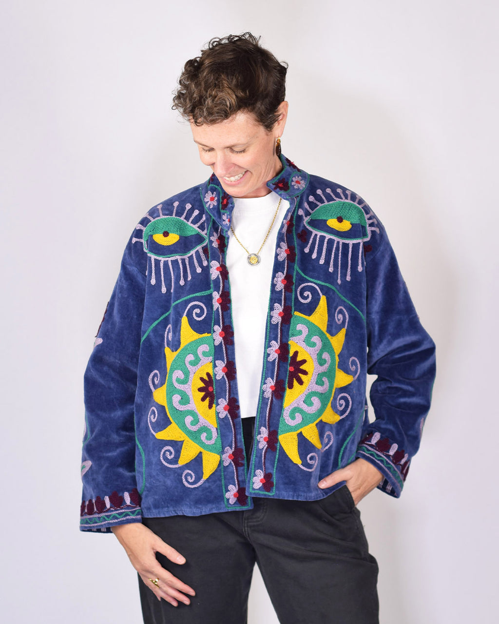 Embroidered Suzani Velvet Jacket - Sun Seeker - Blue