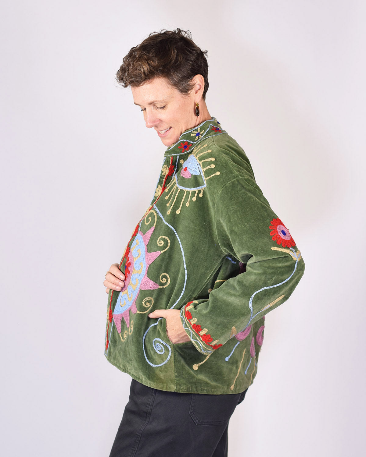 Embroidered Suzani Velvet Jacket - Sun Seeker - Green