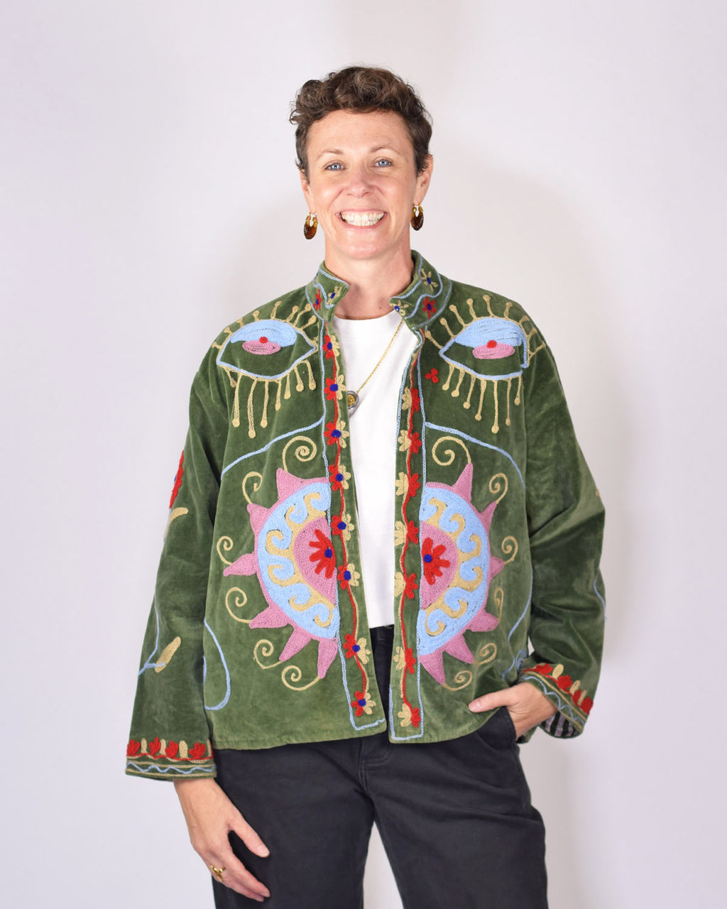Embroidered Suzani Velvet Jacket - Sun Seeker - Green
