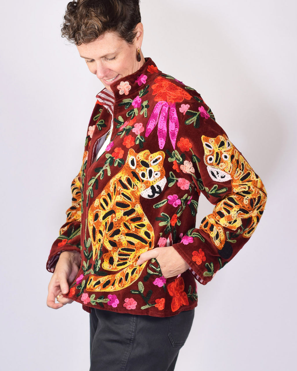 Tiger Tribe Embroidered Velvet Jacket - Burgundy