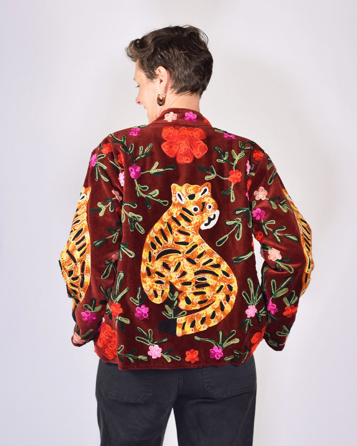 Tiger Tribe Embroidered Velvet Jacket - Burgundy