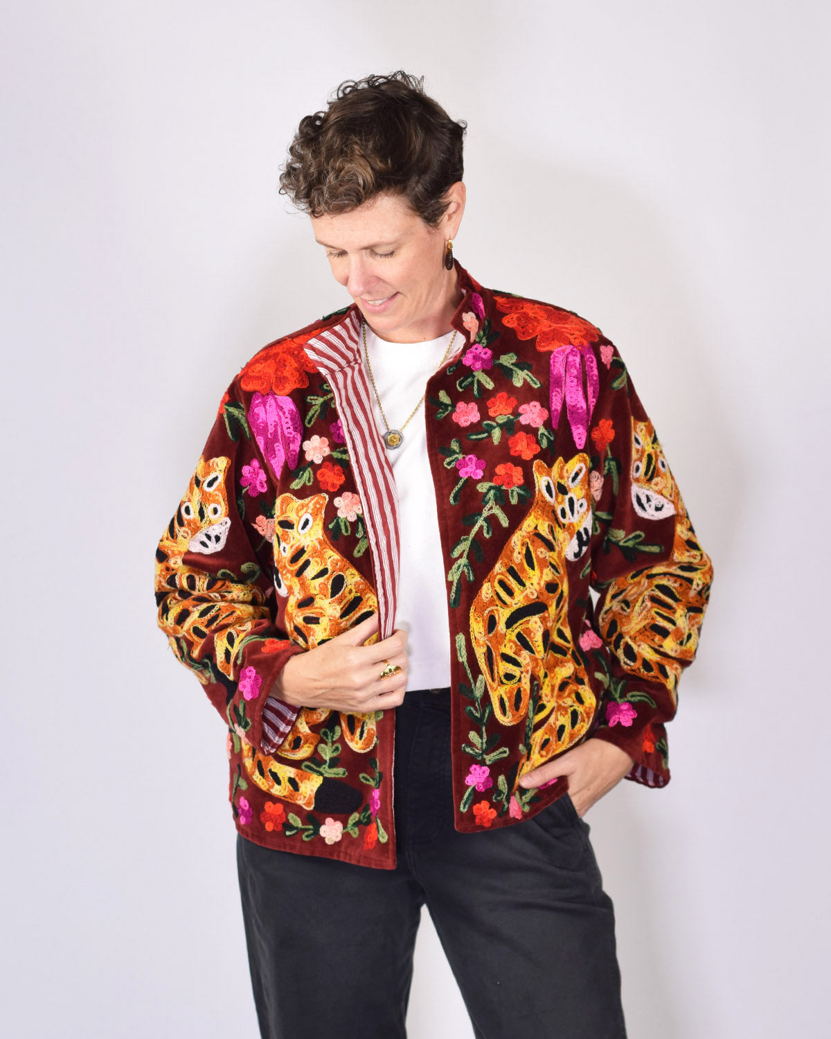 Tiger Tribe Embroidered Velvet Jacket - Burgundy