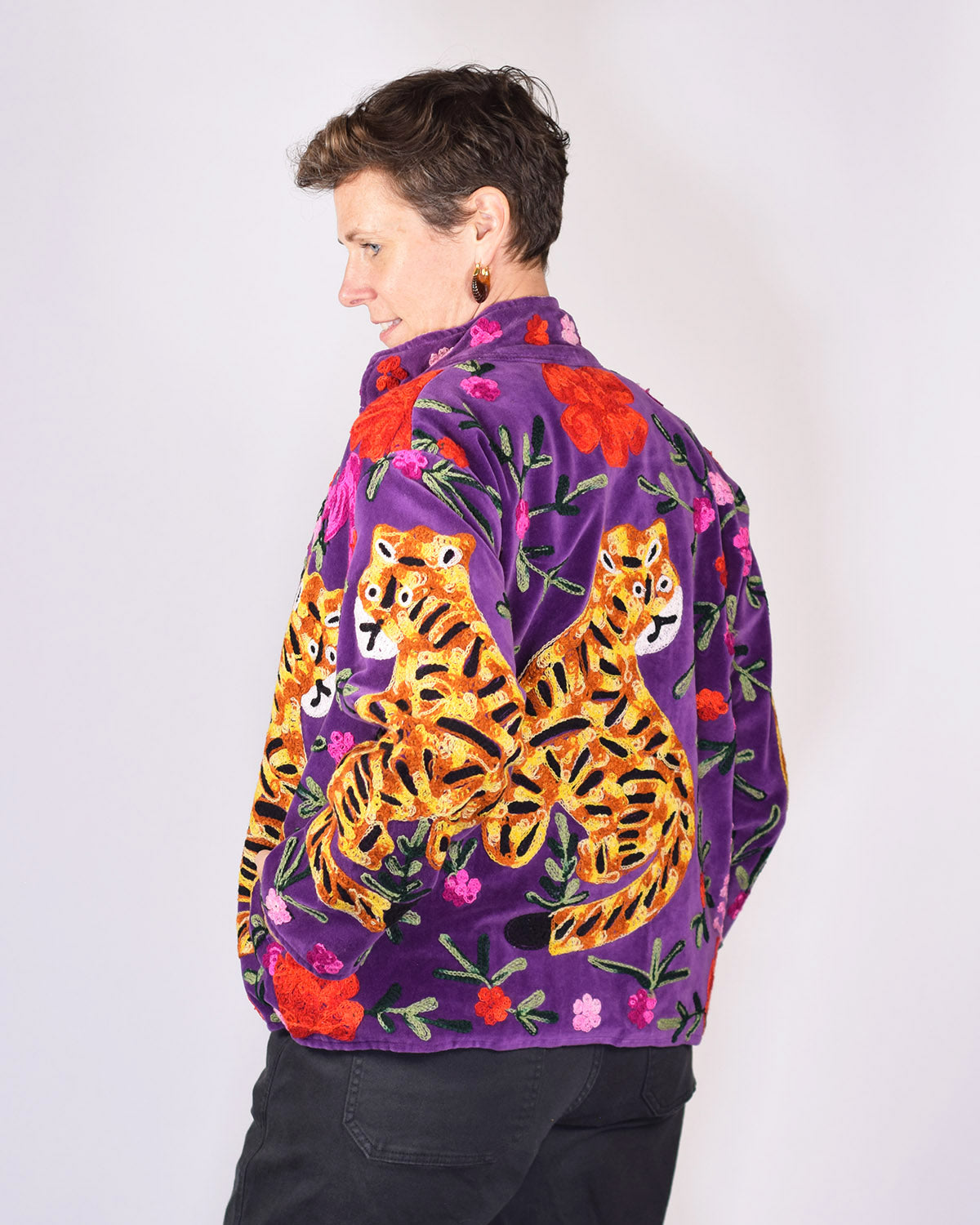 Tiger Tribe Embroidered Velvet Jacket - Plum