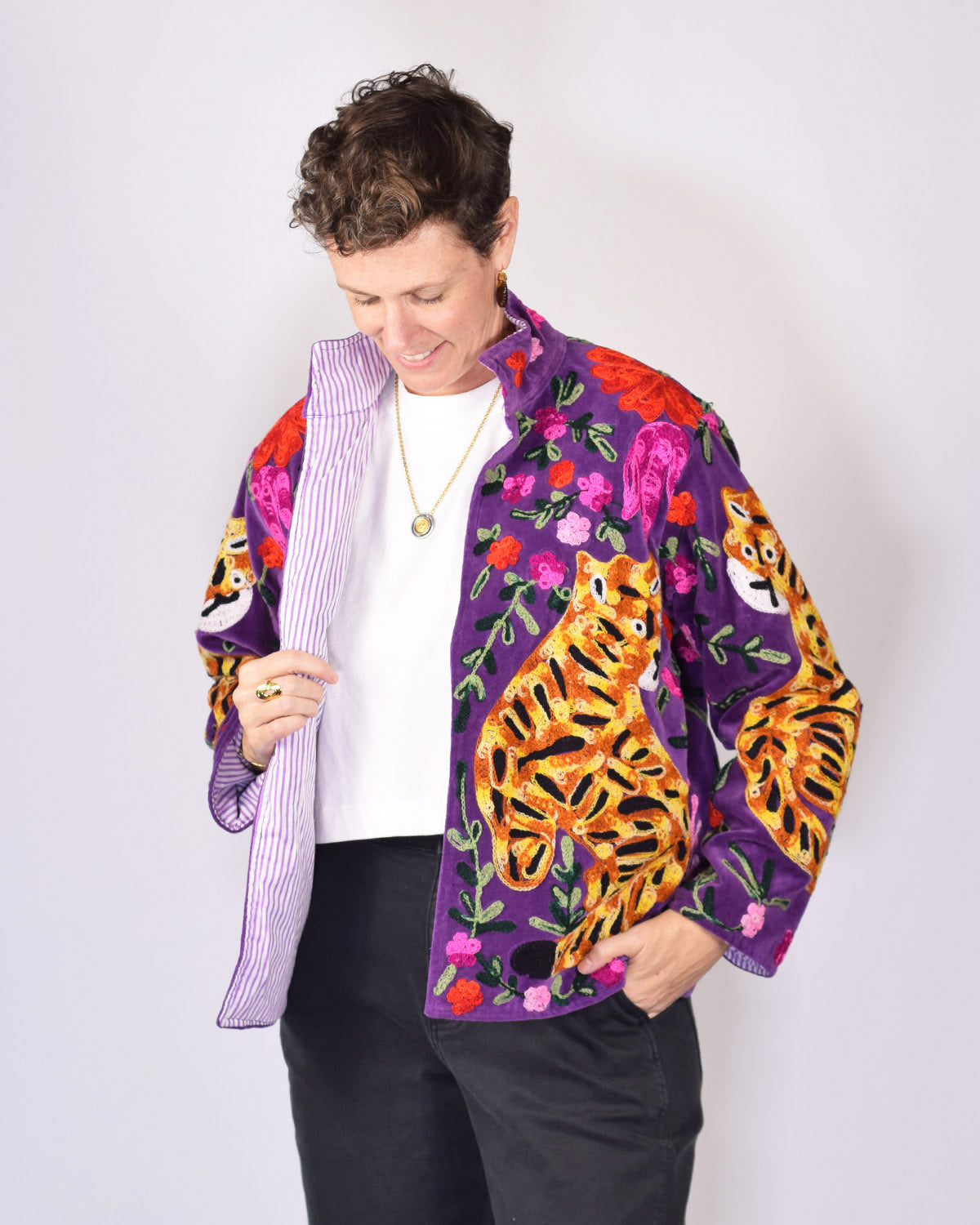 Tiger Tribe Embroidered Velvet Jacket - Plum