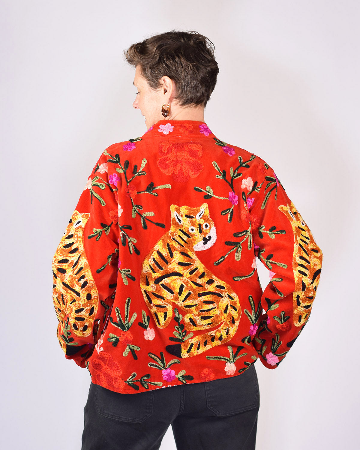 Tiger Tribe Embroidered Velvet Jacket - Cherry Red