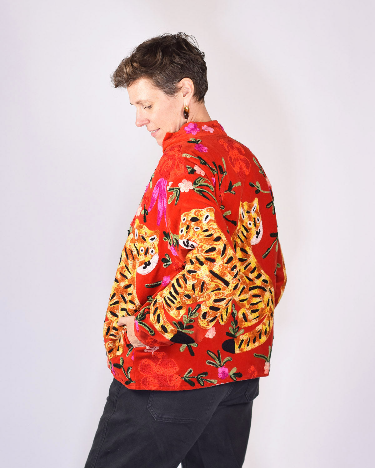 Tiger Tribe Embroidered Velvet Jacket - Cherry Red