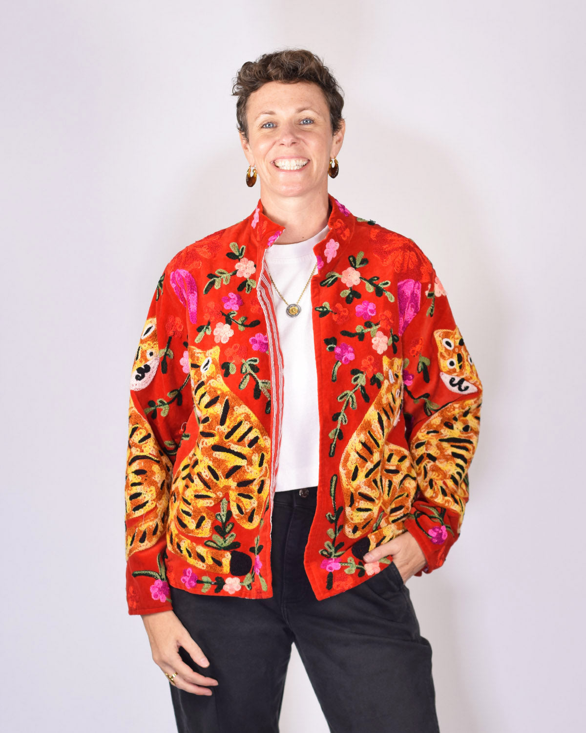 Tiger Tribe Embroidered Velvet Jacket - Cherry Red
