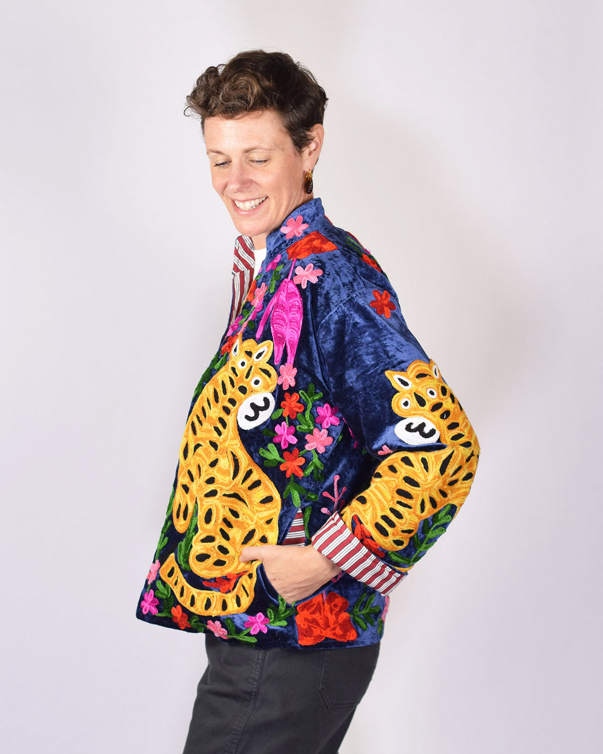 Tiger Tribe Embroidered Velvet Jacket - Crushed Velvet Blue