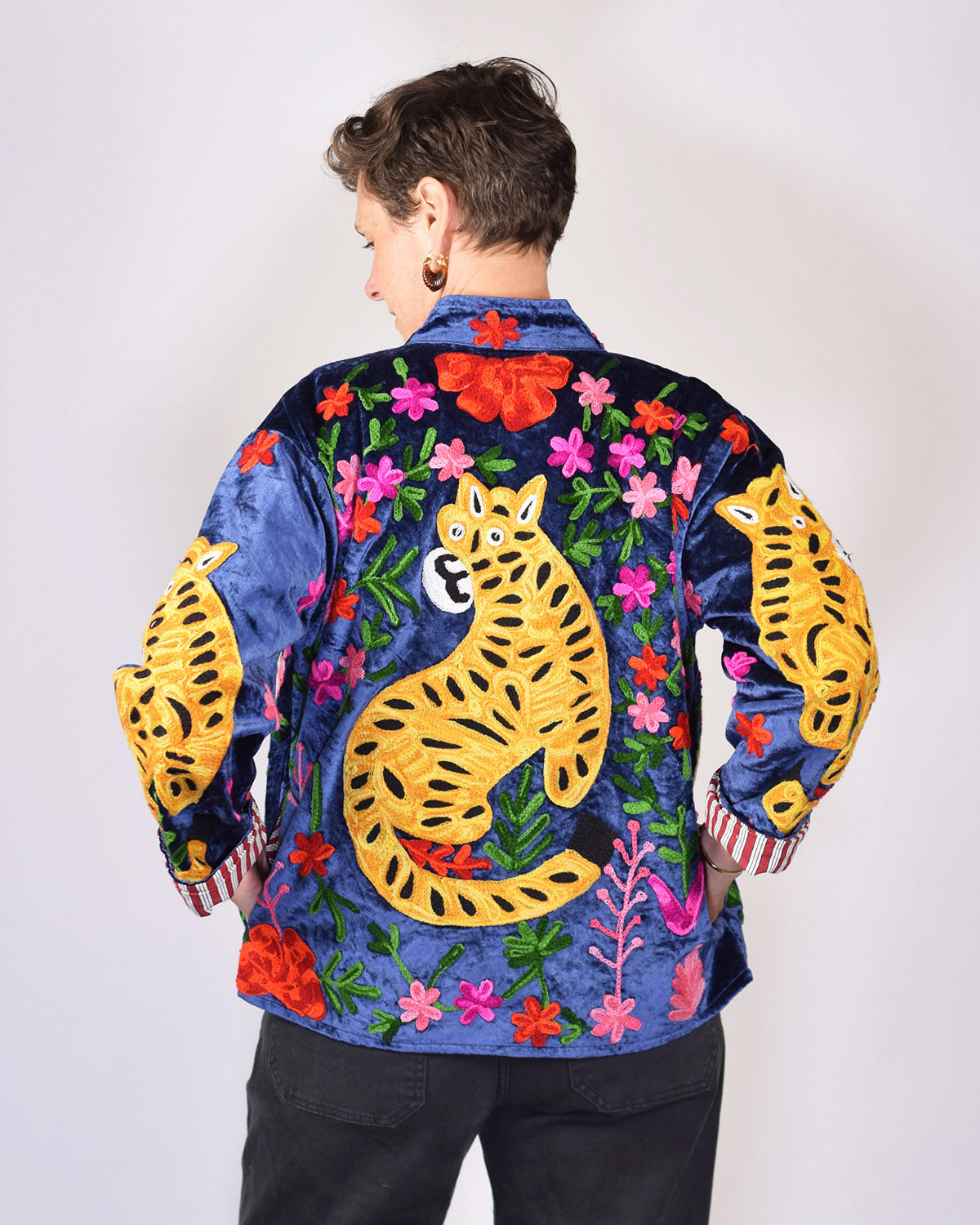 Tiger Tribe Embroidered Velvet Jacket - Crushed Velvet Blue