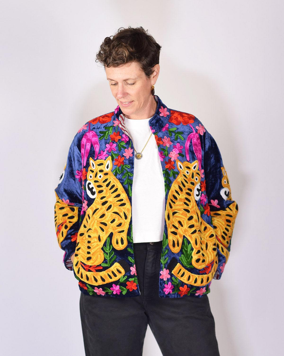 Tiger Tribe Embroidered Velvet Jacket - Crushed Velvet Blue