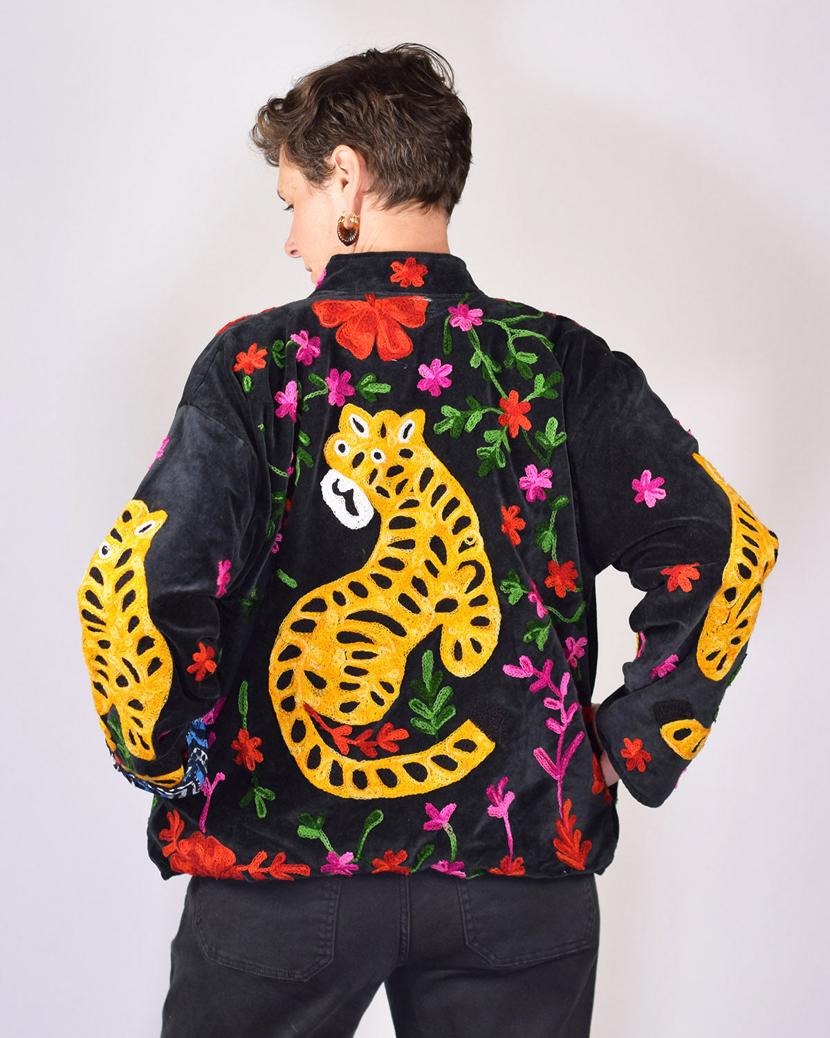 Tiger Tribe Embroidered Velvet Jacket - Black
