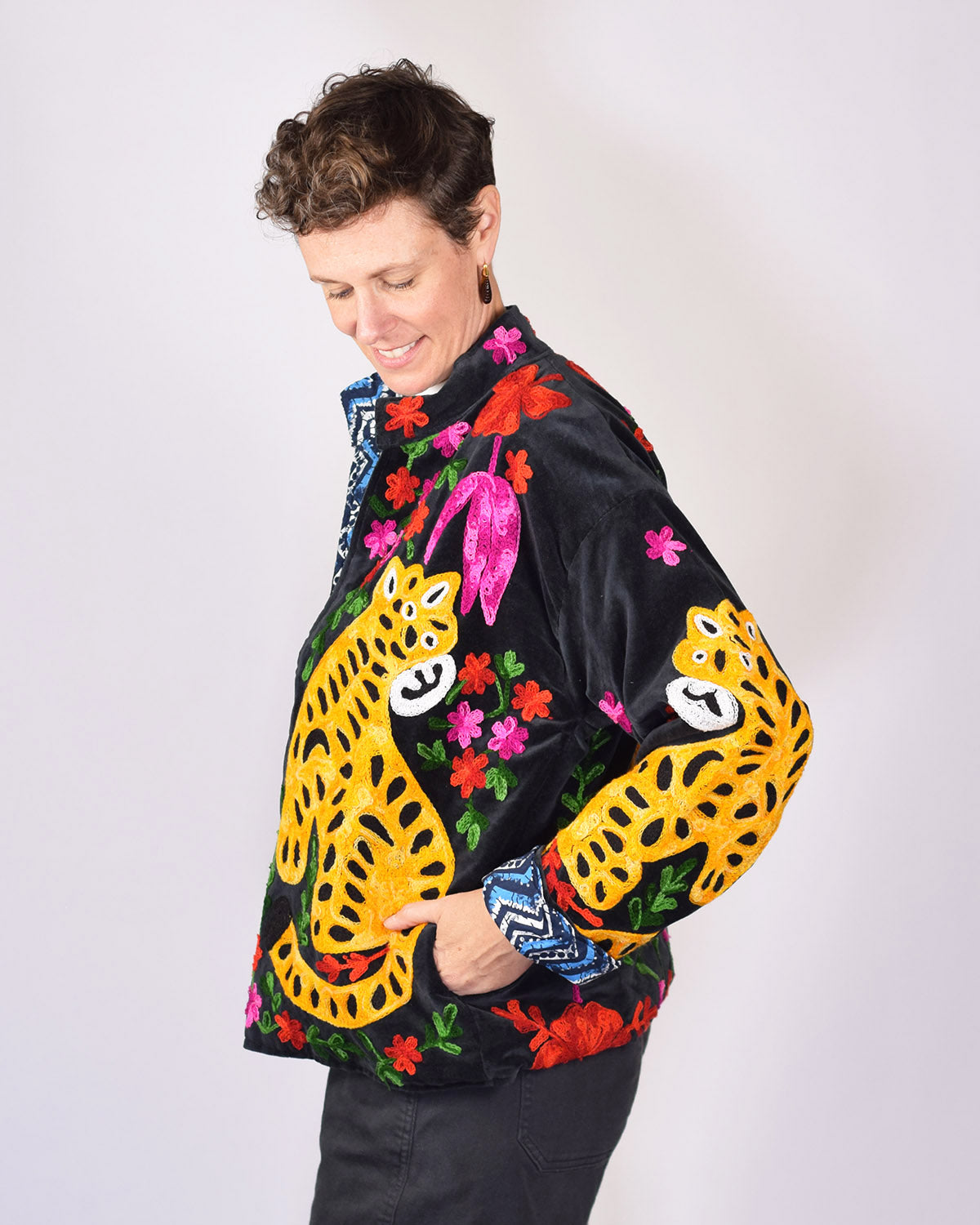 Tiger Tribe Embroidered Velvet Jacket - Black
