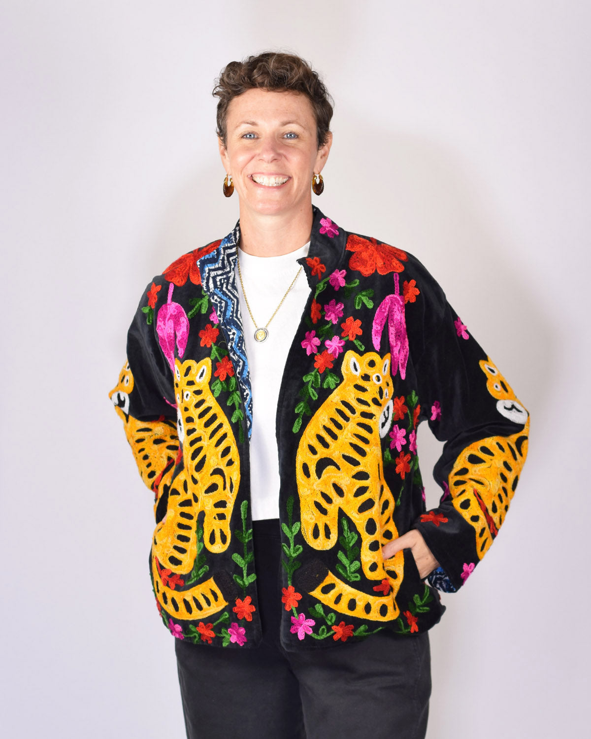 Tiger Tribe Embroidered Velvet Jacket - Black