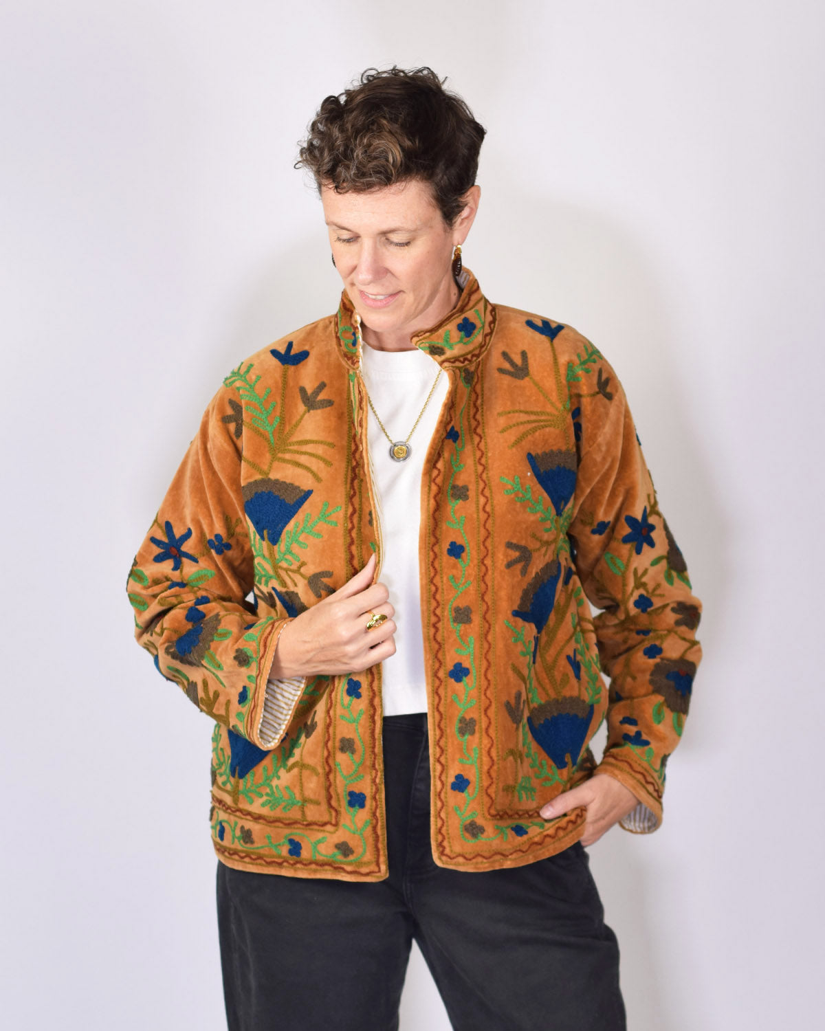 Boho Blooms Embroidered Velvet Jacket - 01