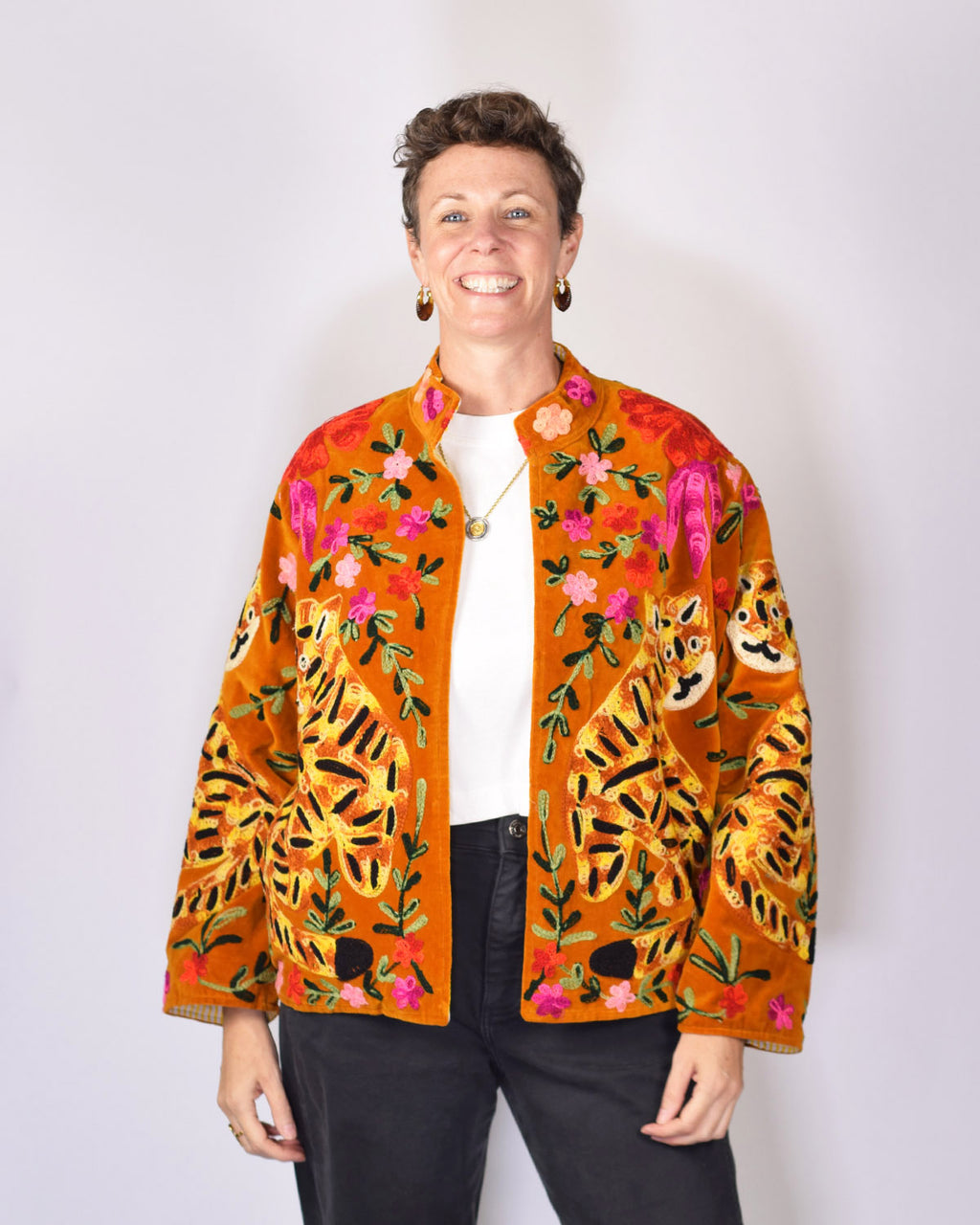 Tiger Tribe Embroidered Velvet Jacket - Butterscotch