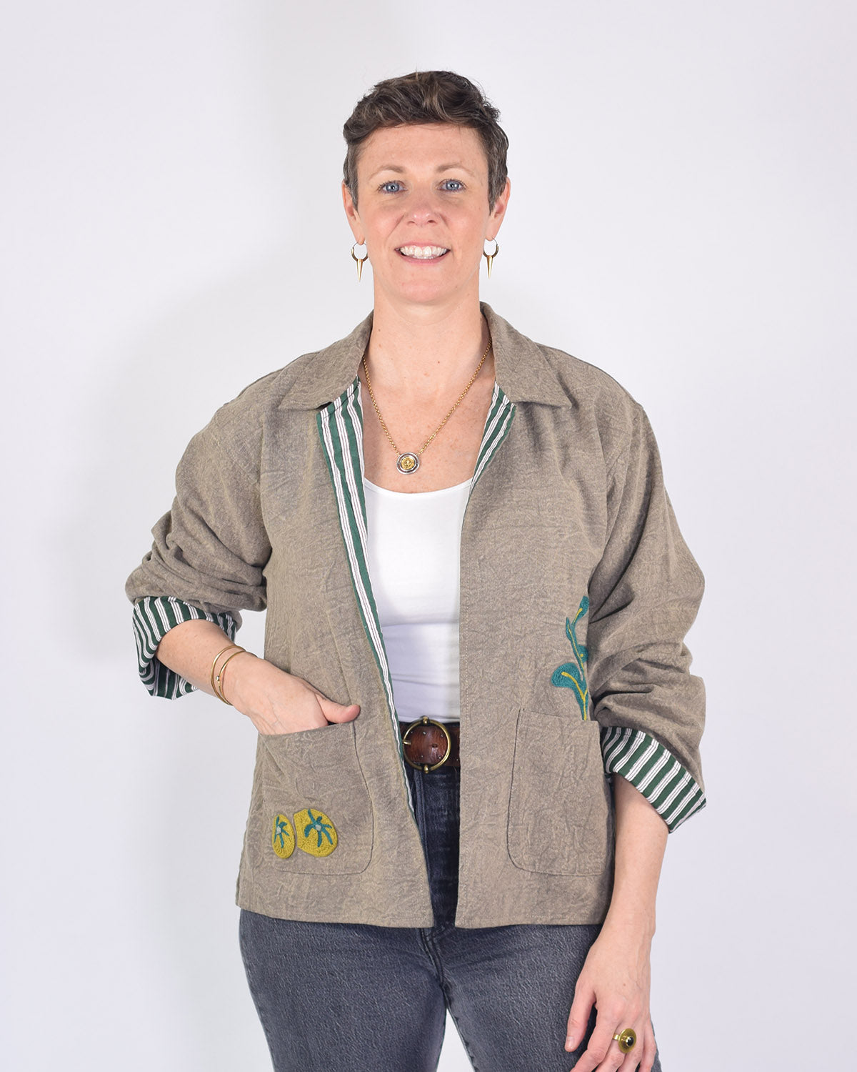 Lightweight "Eat Your Greens" Canvas Embroidered Jacket - Taupe image 1