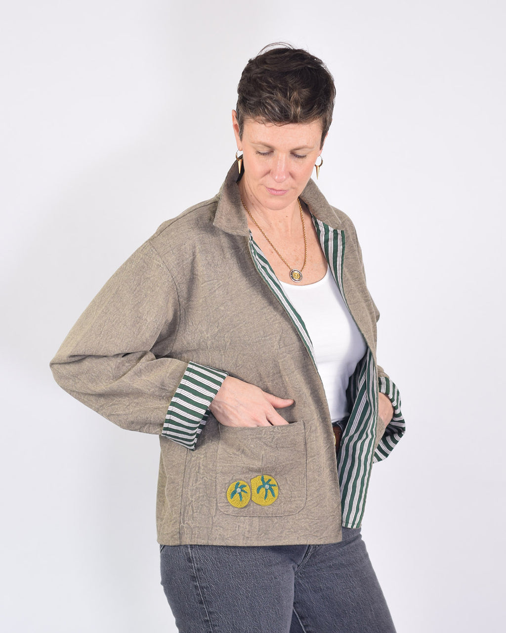 Lightweight "Eat Your Greens" Canvas Embroidered Jacket - Taupe image 5