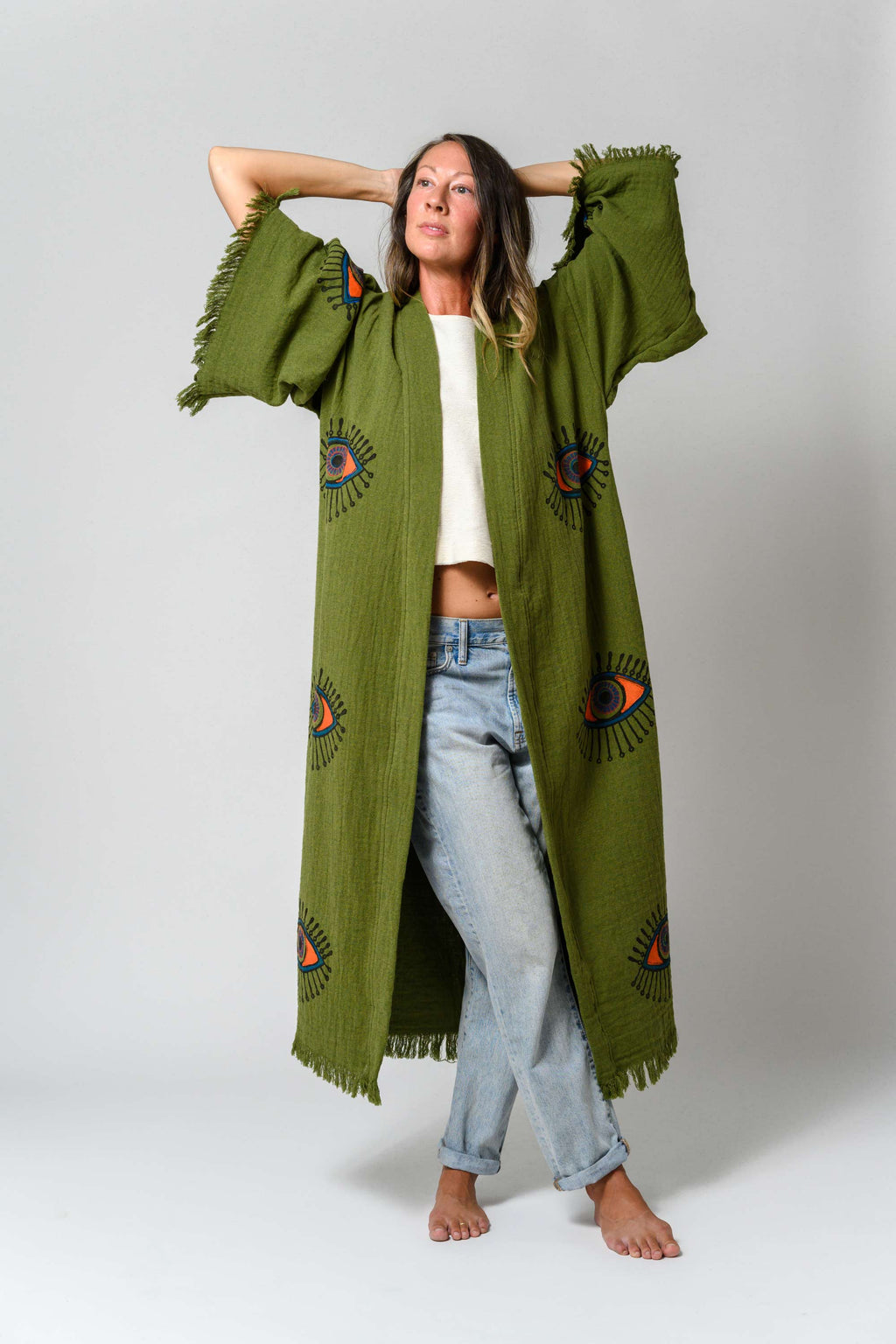 Luxury Turkish Cotton Evil Eye Kimono/Robe - Olive Grove image 8