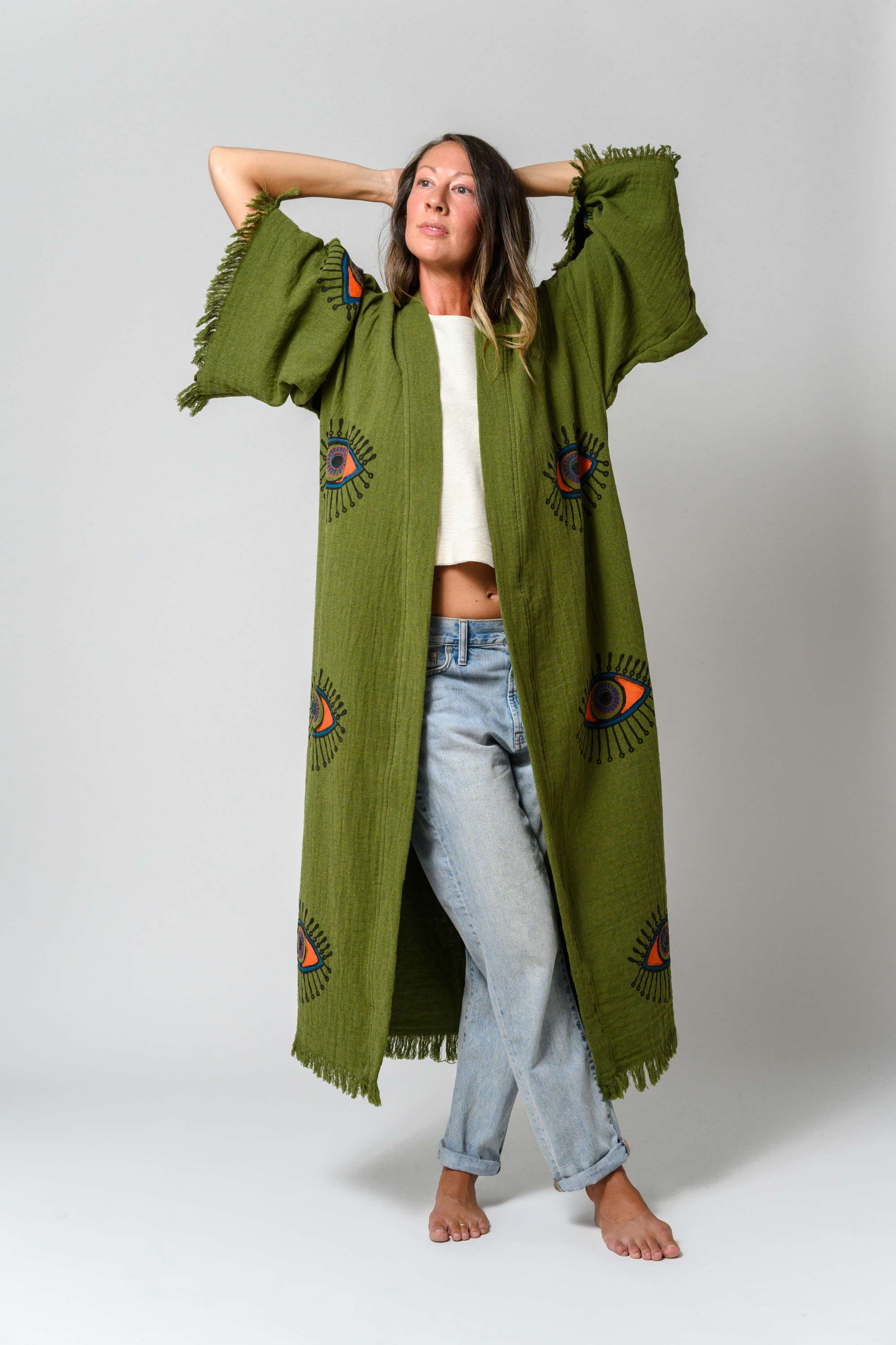 Luxury Turkish Cotton Evil Eye Kimono/Robe - Olive Grove image 8
