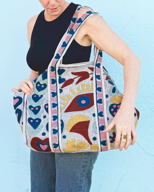 Canvas Suzani Embroidered Oversized Tote Bag - 03 image 1