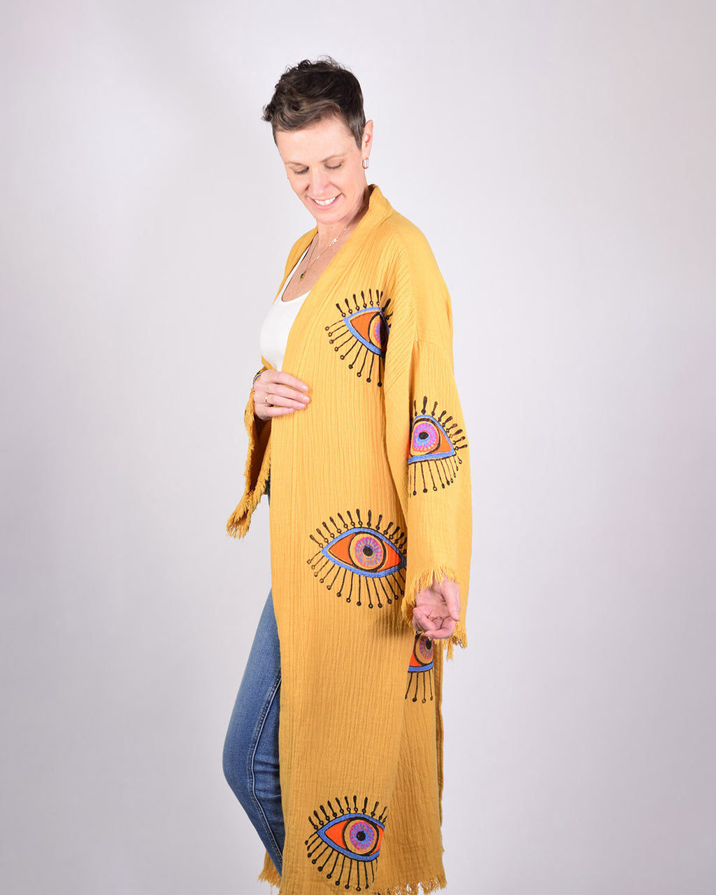Luxury Turkish Cotton Evil Eye Kimono/Robe - Yellow Ochre image 2