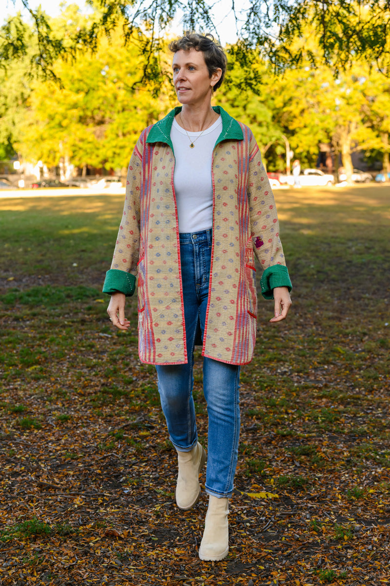 Frankie Long Quilted Reversible Patchwork Kantha Jacket -10 image 3