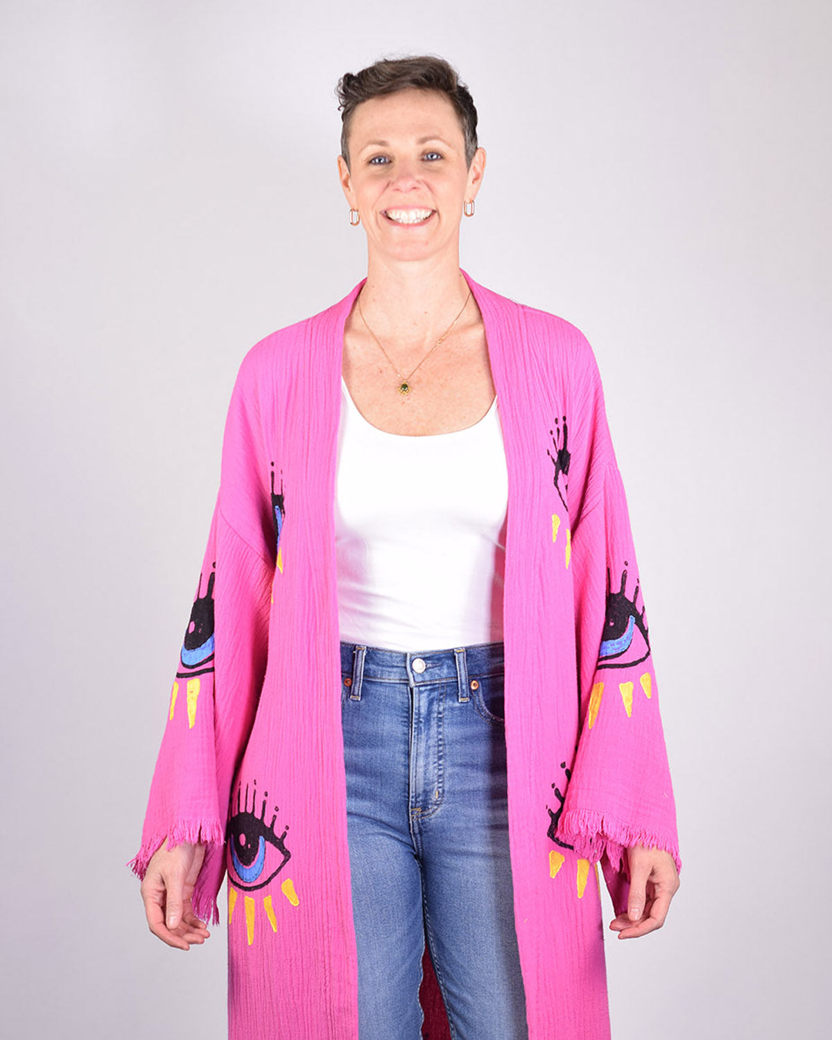 Luxury Turkish Cotton Evil Eye Kimono/Robe - Pink Dahlia image 6