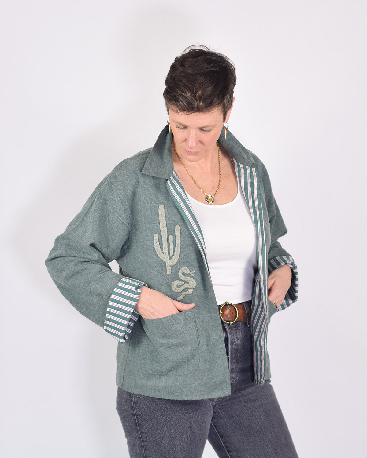 Lightweight "Vintage Outlaw" Canvas Embroidered Jacket - Green image 3