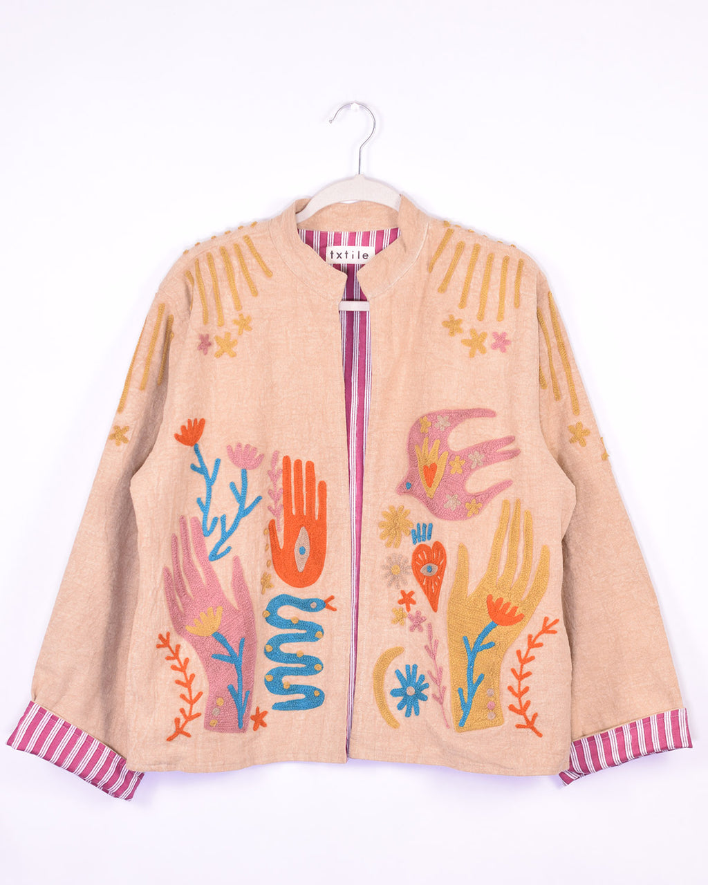 Lightweight "Peace & Love" Canvas Embroidered Jacket - Cream image 4