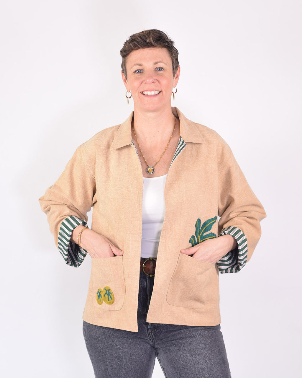 Lightweight "Eat Your Greens" Canvas Embroidered Jacket - Cream image 6