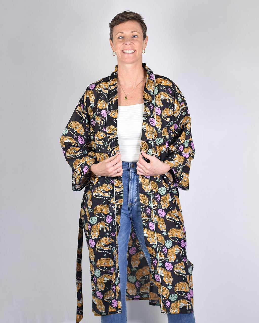 Lightweight Cotton Robe / Kimono - Sleeping Tigers Black image 4