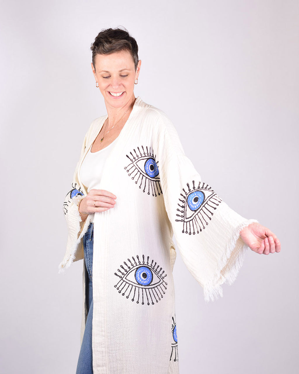 Luxury Turkish Cotton Evil Eye Kimono/Robe - Blue Eye image 5