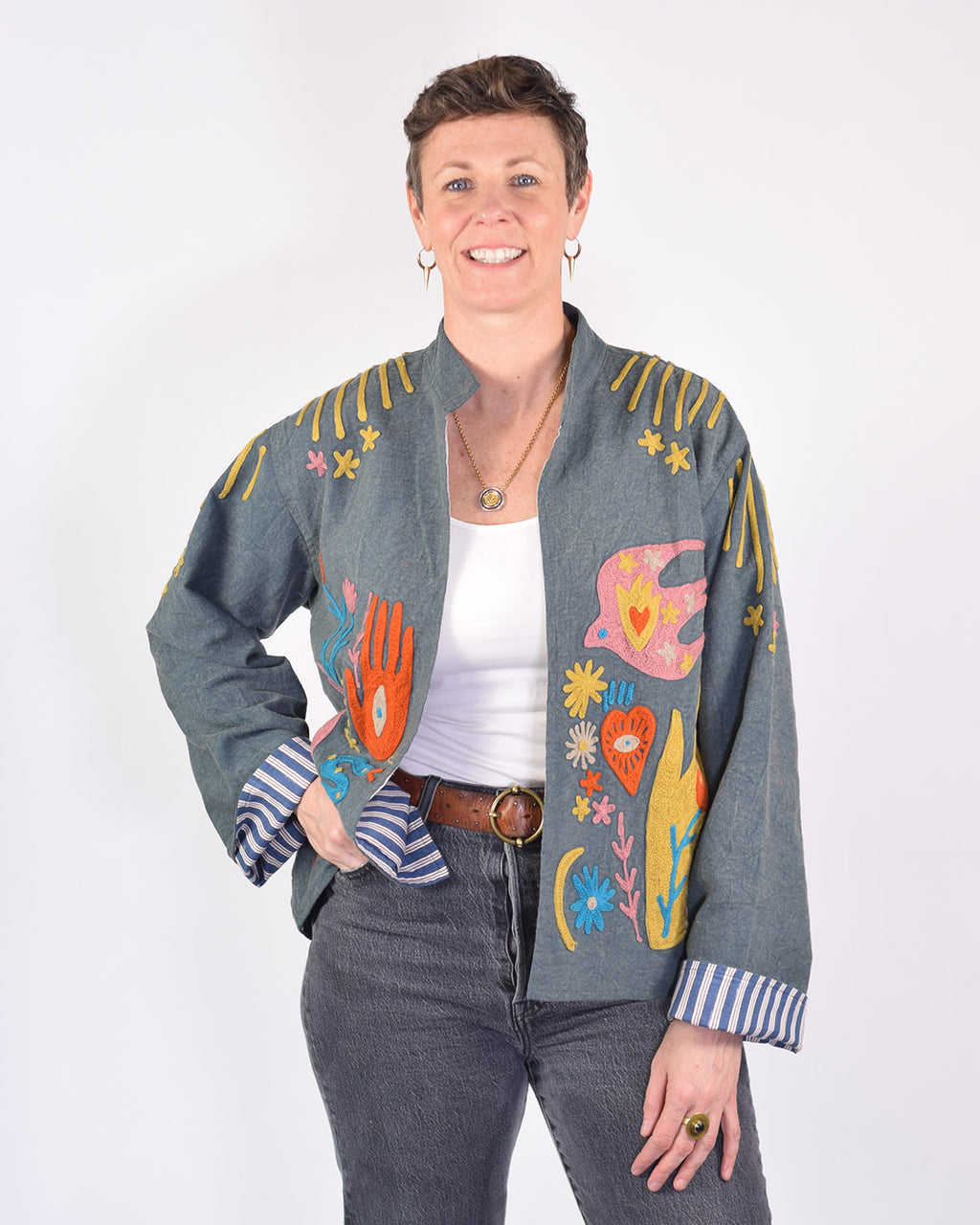 Lightweight "Peace & Love" Canvas Embroidered Jacket - Blue image 4