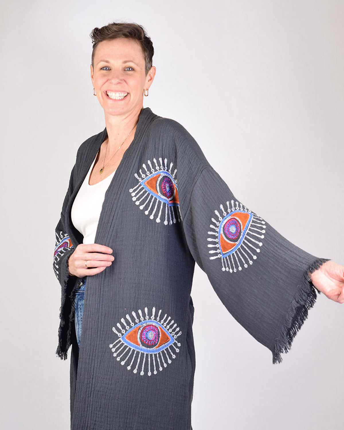 Luxury Turkish Cotton Evil Eye Kimono/Robe - Moonstone image 2