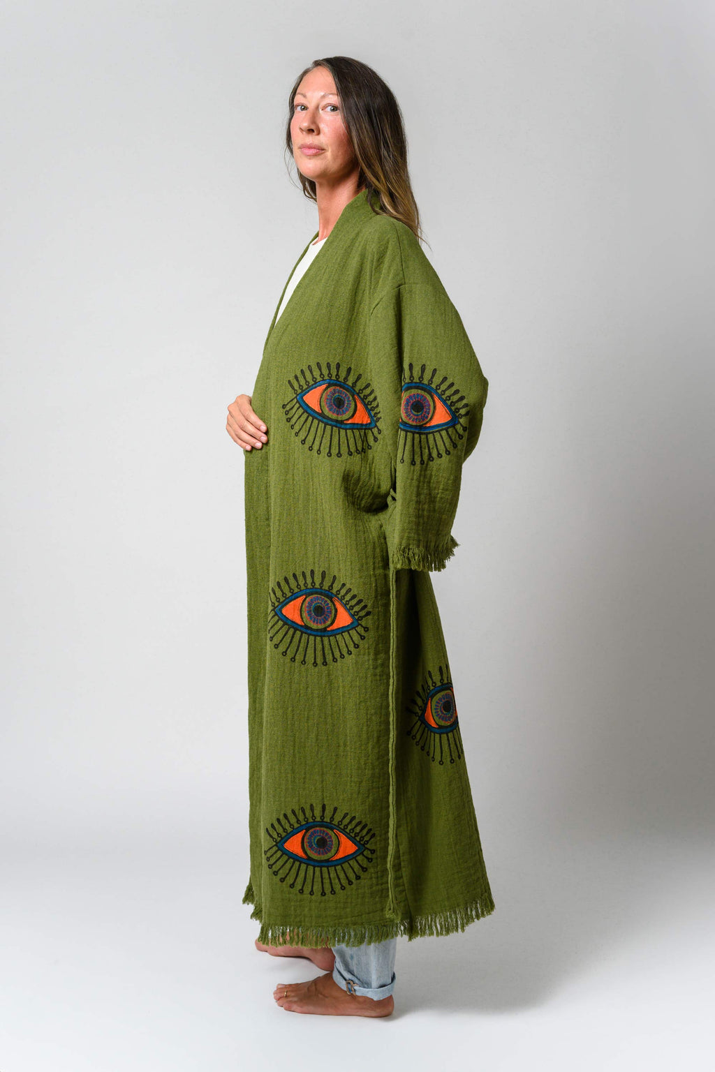 Luxury Turkish Cotton Evil Eye Kimono/Robe - Olive Grove image 7