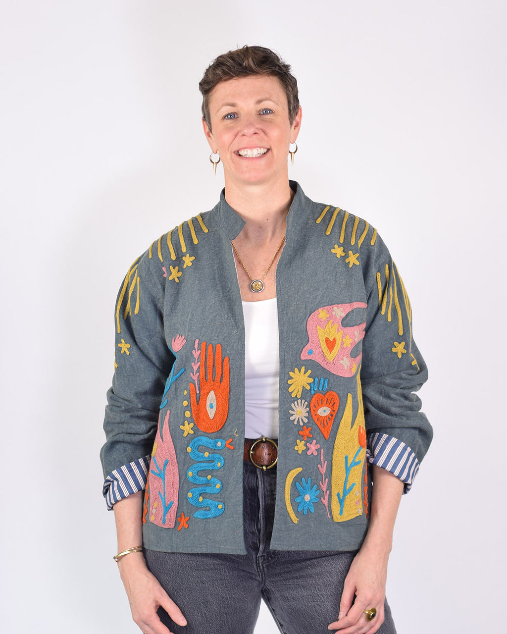 Lightweight "Peace & Love" Canvas Embroidered Jacket - Blue image 3
