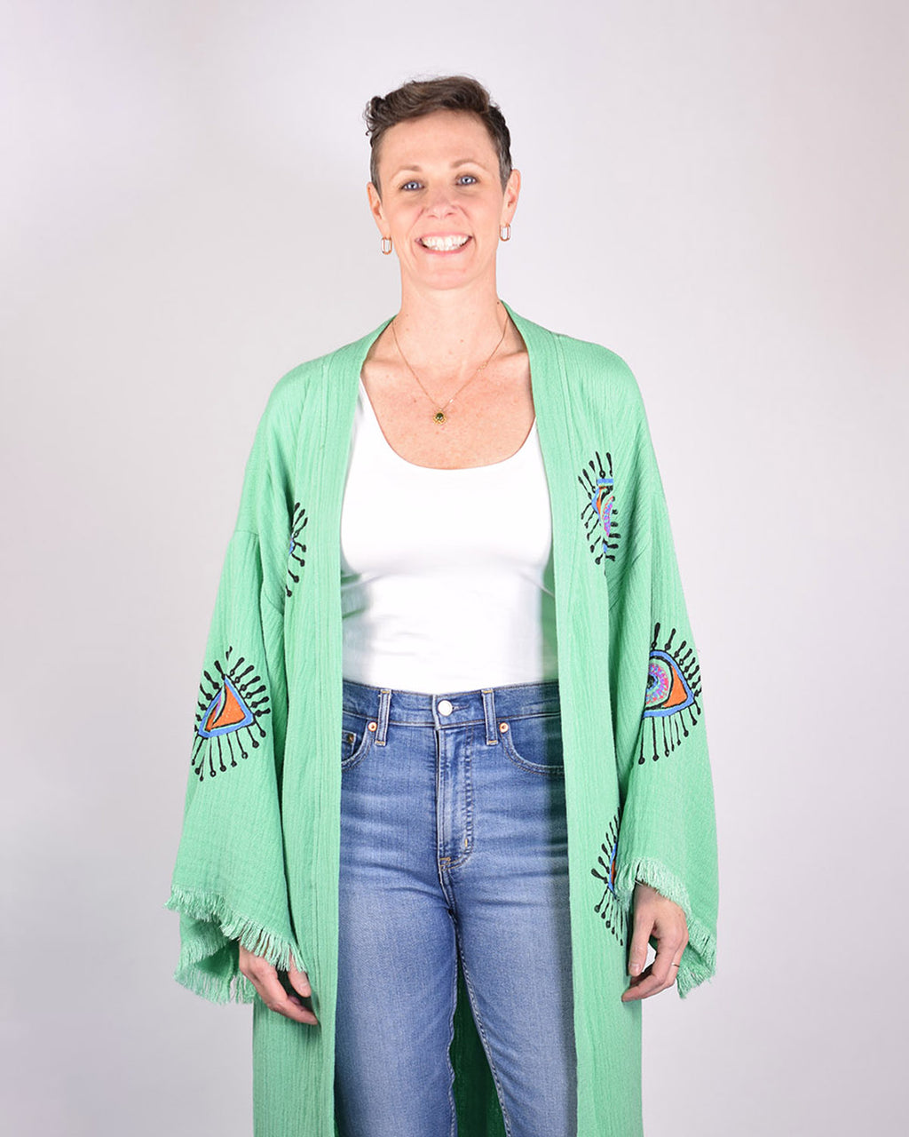 Luxury Turkish Cotton Evil Eye Kimono/Robe - Soft Jade image 11